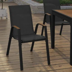 Lot de 6 chaises de jardin métal et textilène noir et bois