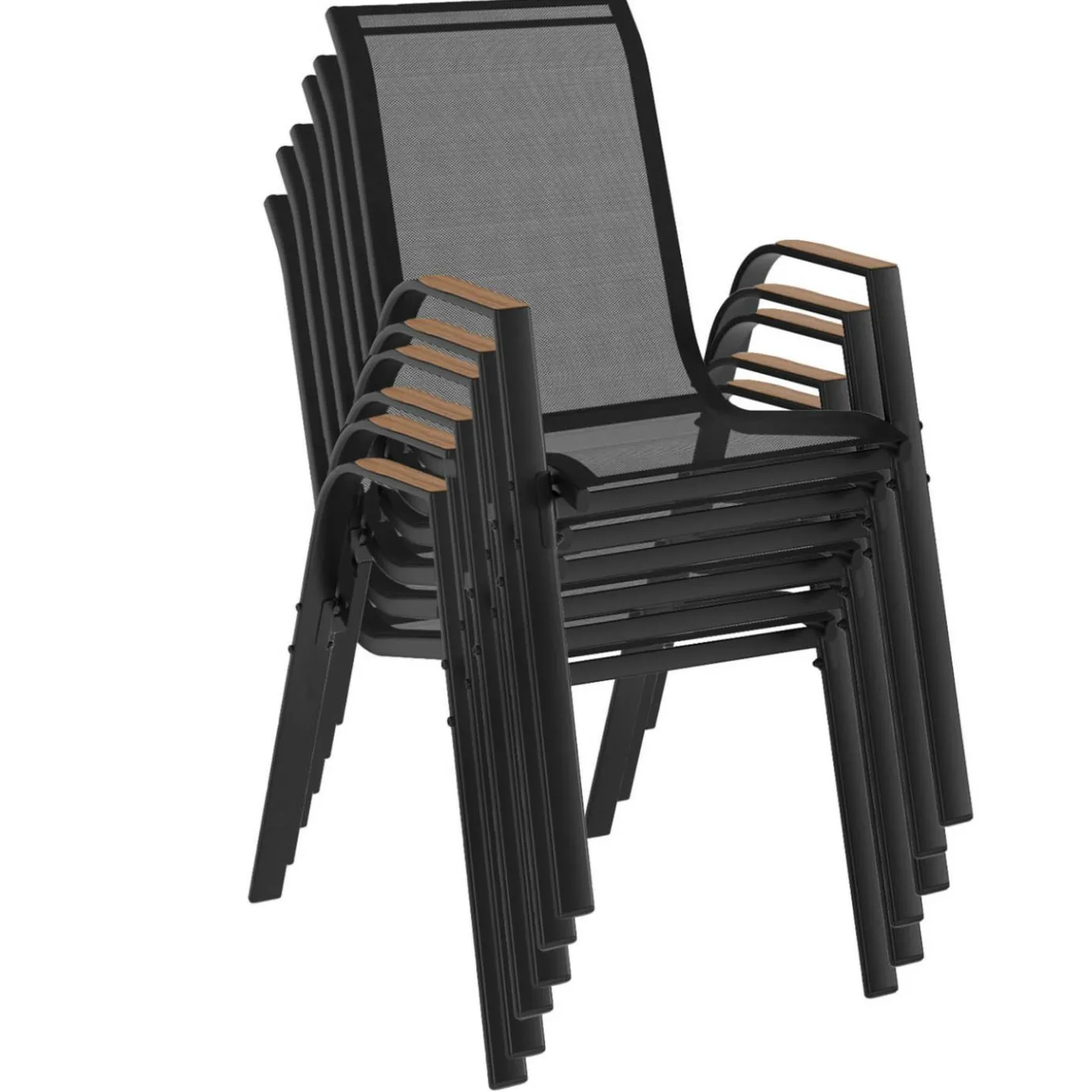 Lot de 6 chaises de jardin métal et textilène noir et bois