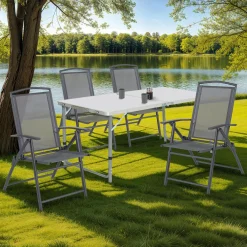 Lot de 4 chaises de jardin pliantes dossier inclinable avec accoudoirs gris anthracite