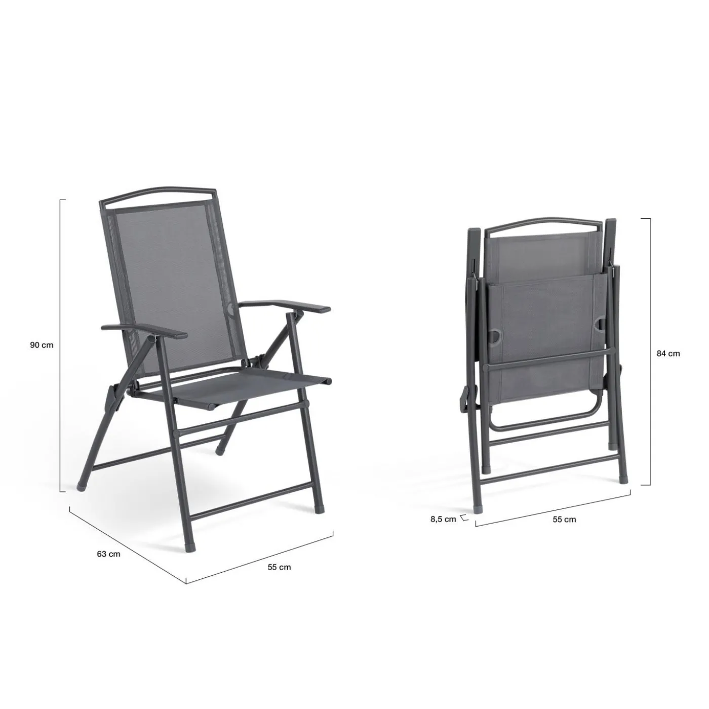 Lot de 4 chaises de jardin pliantes dossier inclinable avec accoudoirs gris anthracite