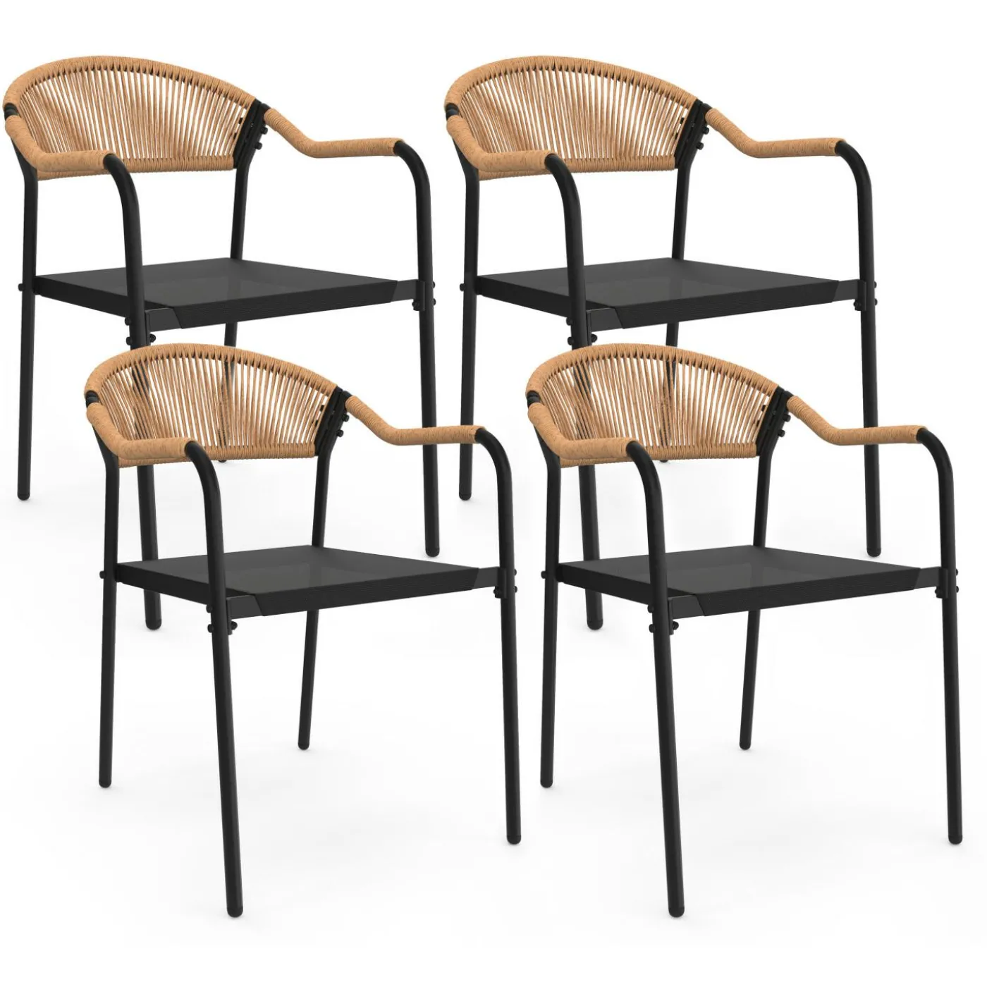 Lot de 4 chaises de jardin extérieures en métal, en cordage, en textilène et rotin clair