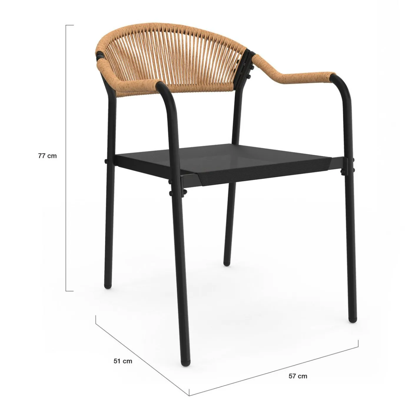 Lot de 4 chaises de jardin extérieures en métal, en cordage, en textilène et rotin clair
