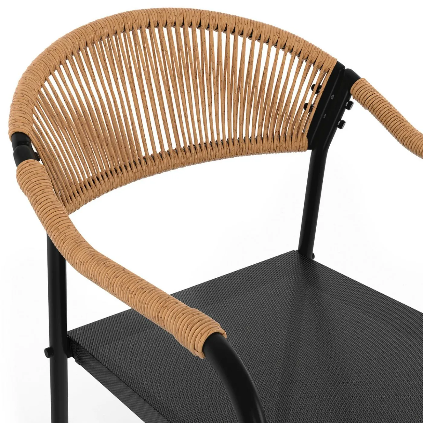 Lot de 4 chaises de jardin extérieures en métal, en cordage, en textilène et rotin clair