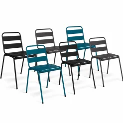 Lot de 6 chaises de jardin empilables en acier gris anthracite, noir et bleu