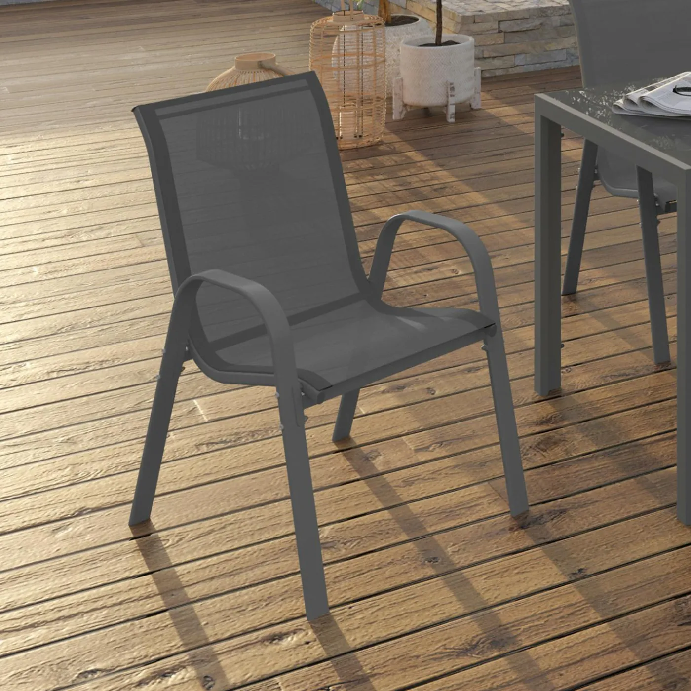 Lot de 6 chaises de jardin empilables en métal gris anthracite et textilène