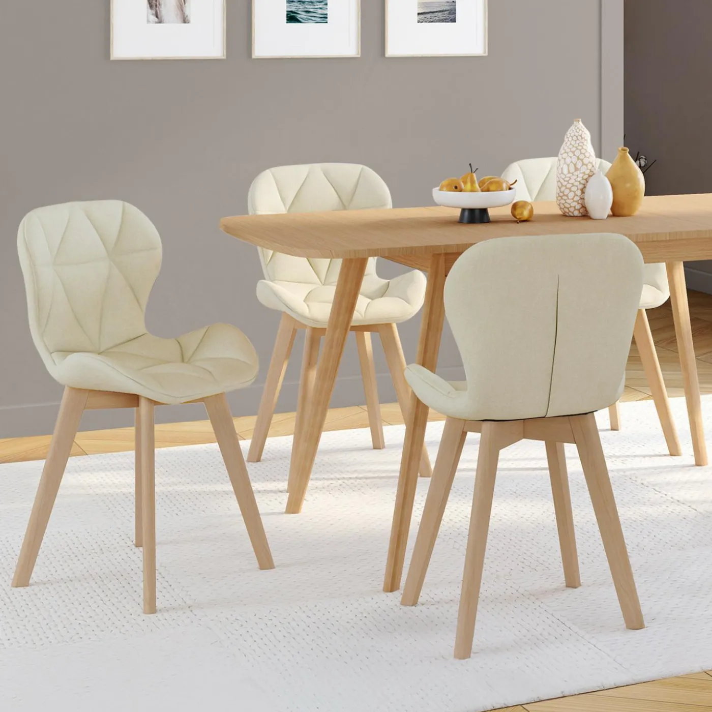 Lot de 4 chaises en tissu beige design pour salle à manger