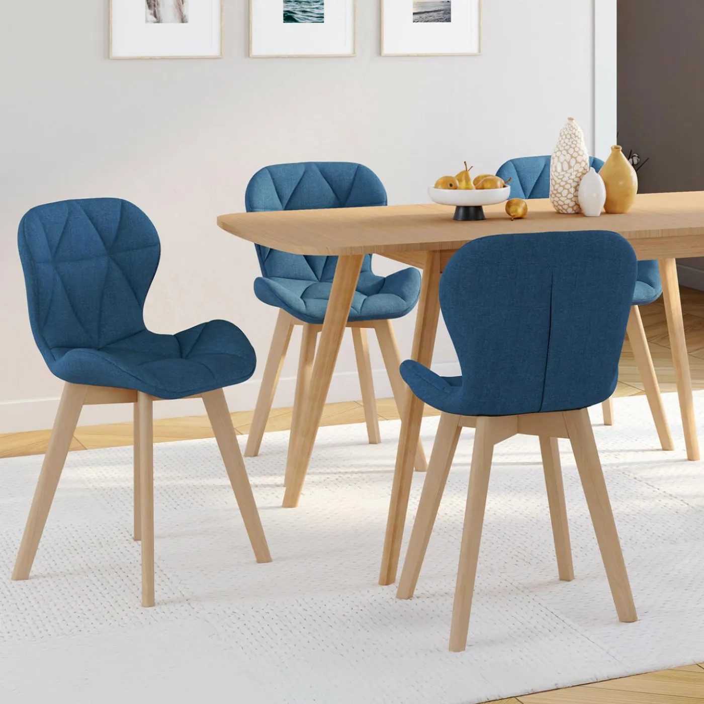 Lot de 4 chaises en tissu bleu canard design pour salle à manger