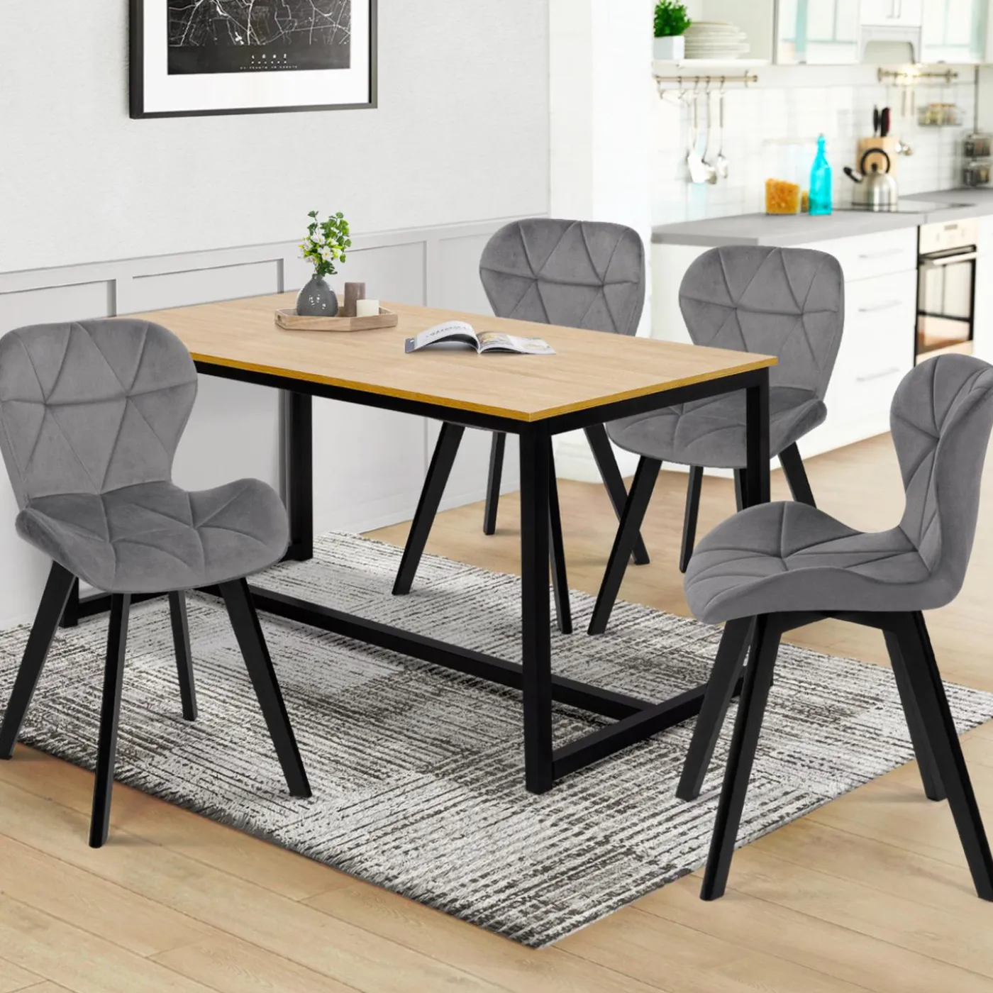 Lot de 4 chaises en velours gris clair avec pieds noirs assise matelassée