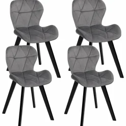 Lot de 4 chaises en velours gris clair avec pieds noirs assise matelassée