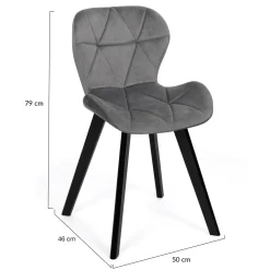 Lot de 4 chaises en velours gris clair avec pieds noirs assise matelassée