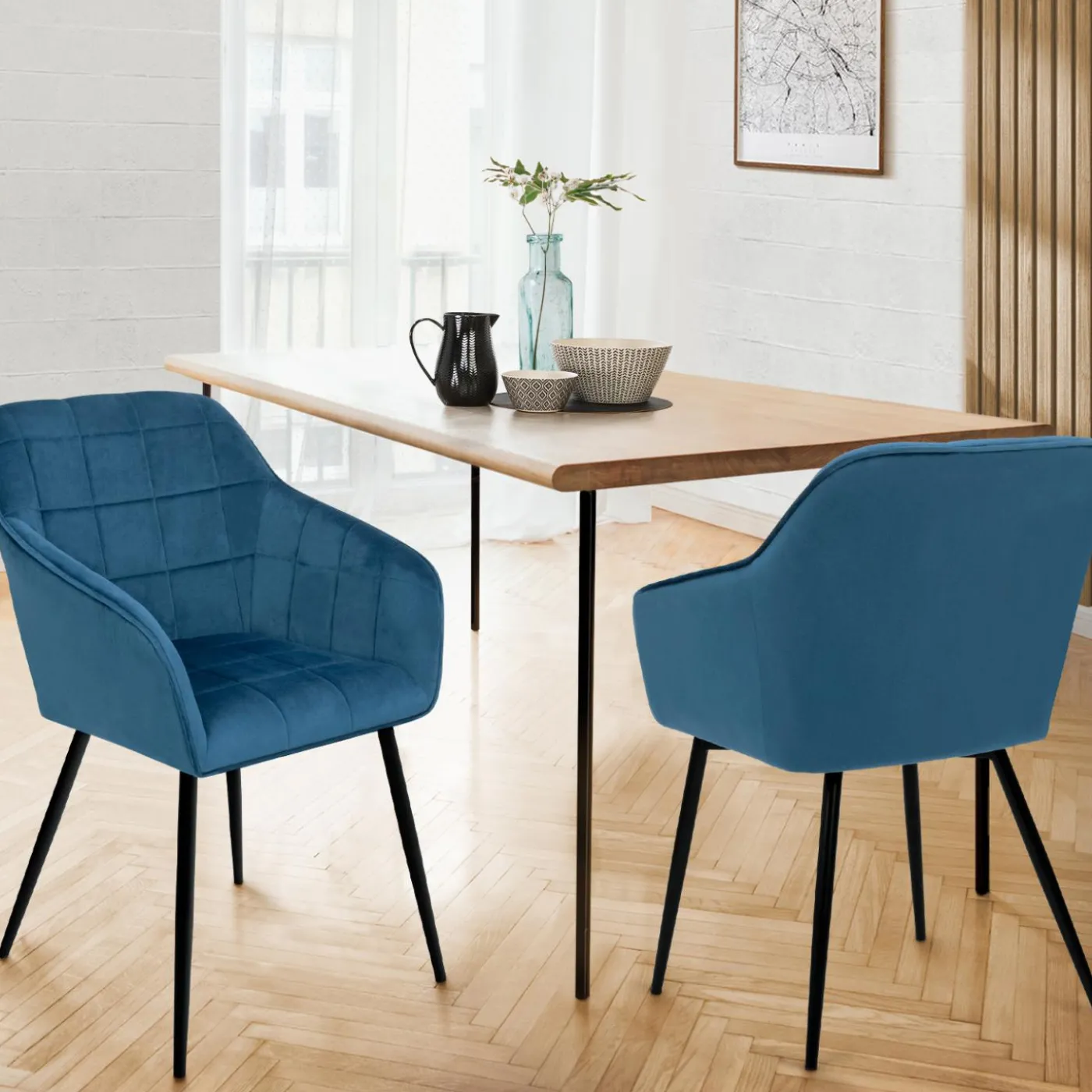 Lot de 2 chaises en velours bleu canard avec accoudoirs