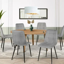 Lot de 6 chaises en velours gris clair matelassé