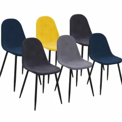Lot de 6 chaises en velours mix color bleu x2, jaune, gris clair et gris foncé x2