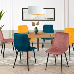 Lot de 6 chaises en velours mix color bleu x2, jaune ocre x2, rose x2