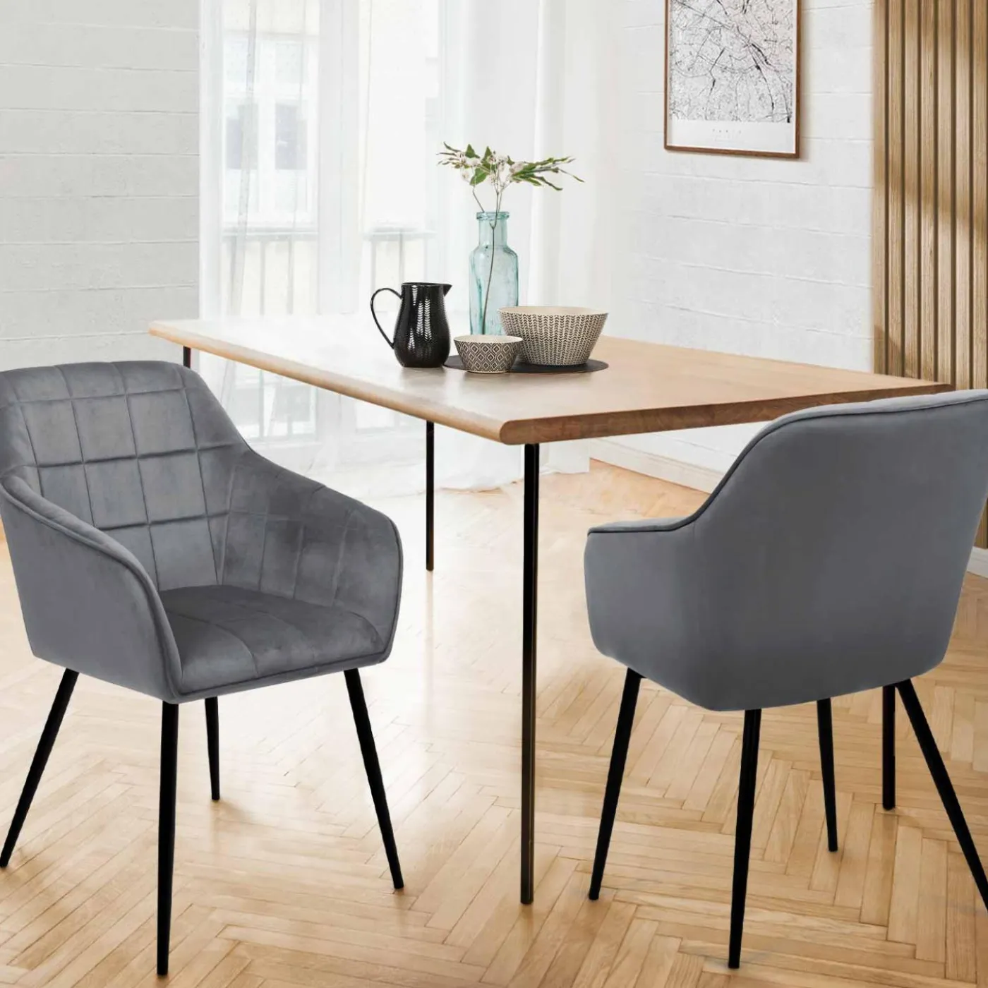 Lot de 2 chaises en velours gris avec accoudoirs