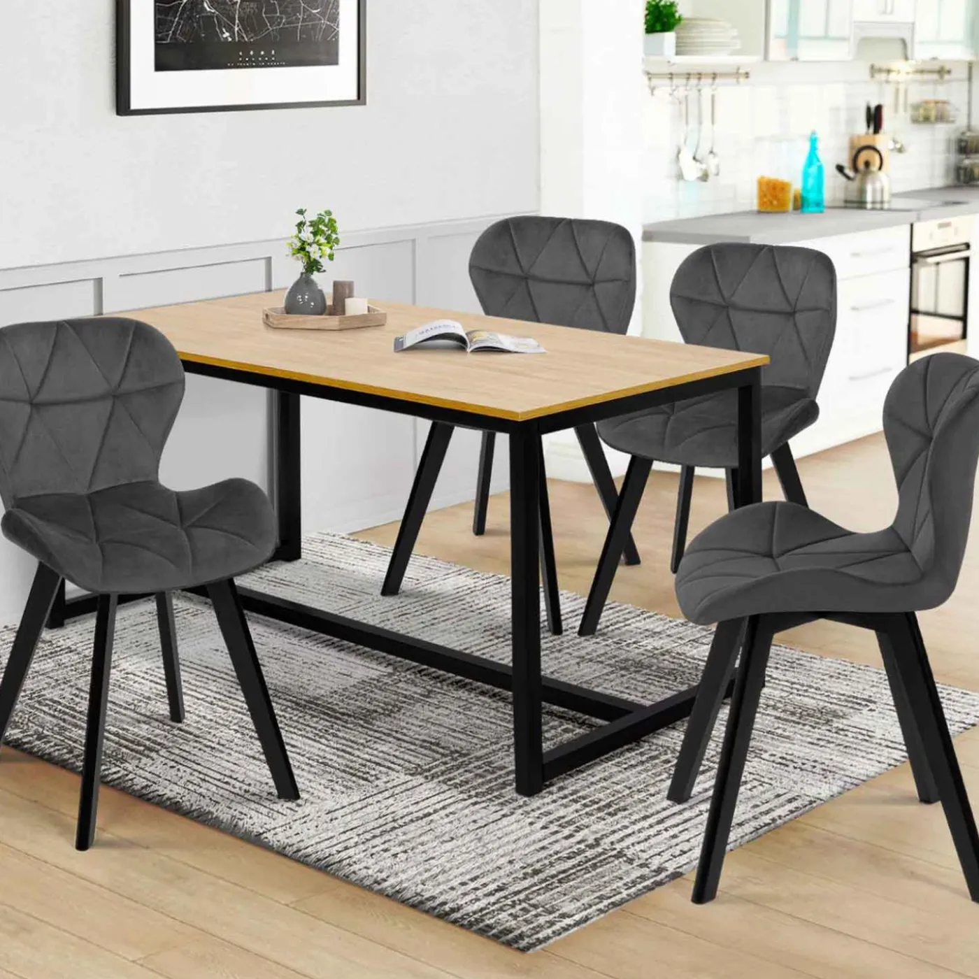 Lot de 4 chaises matelassées velours gris foncé