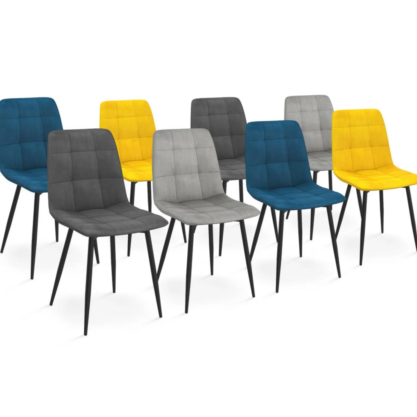 Lot de 8 chaises modernes en velours mix color bleu x2, gris foncé x2, gris clair x2, jaune x2 pieds métal noir