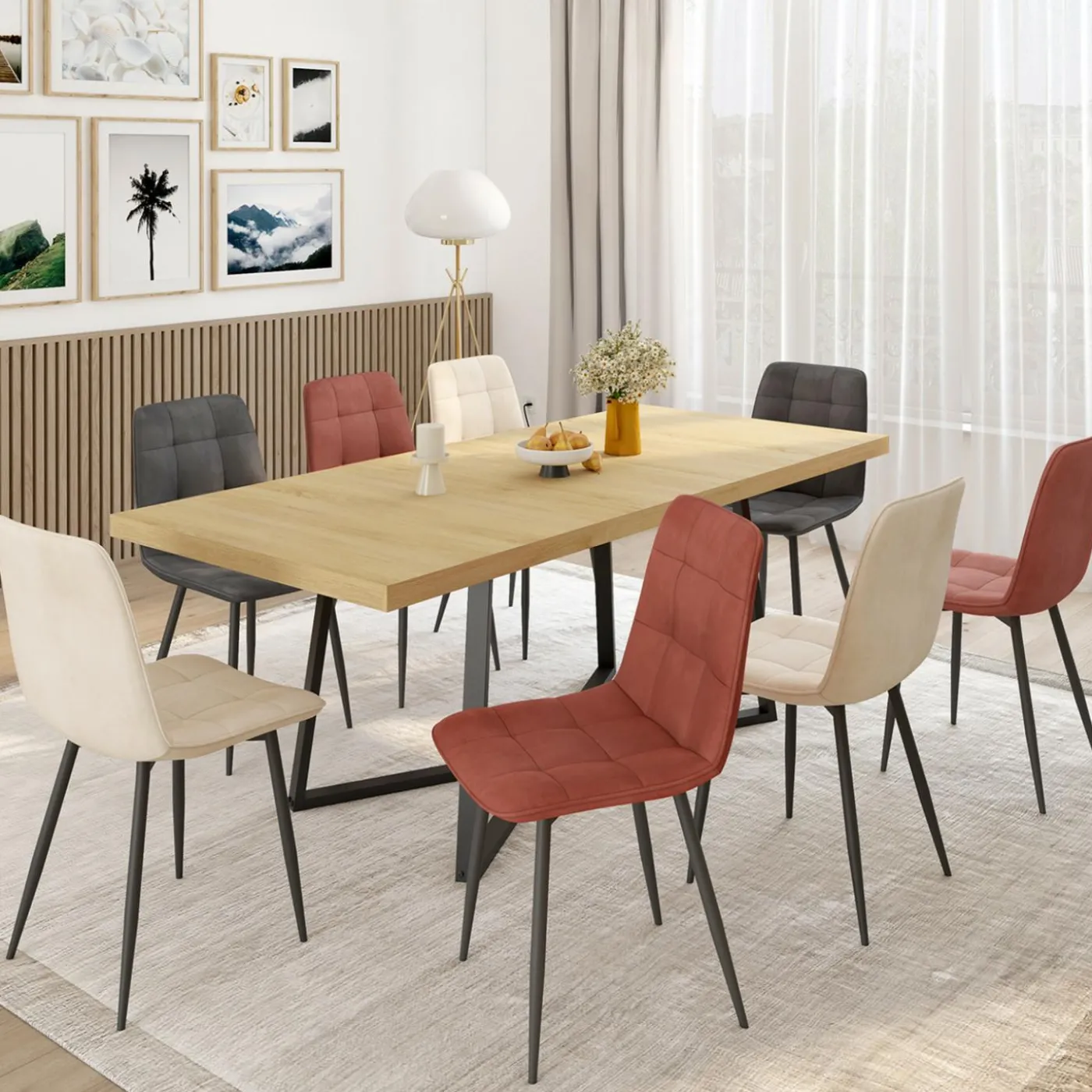 Lot de 8 chaises modernes en velours mix color terracotta x3, gris foncé x2, et beige x3 pieds métal noir