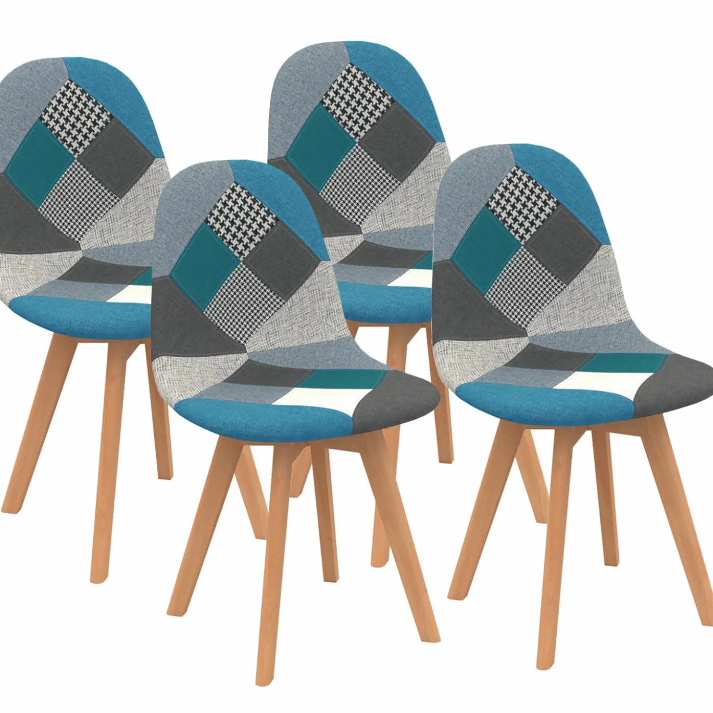 Lot de 4 chaises scandinaves patchworks bleus et gris