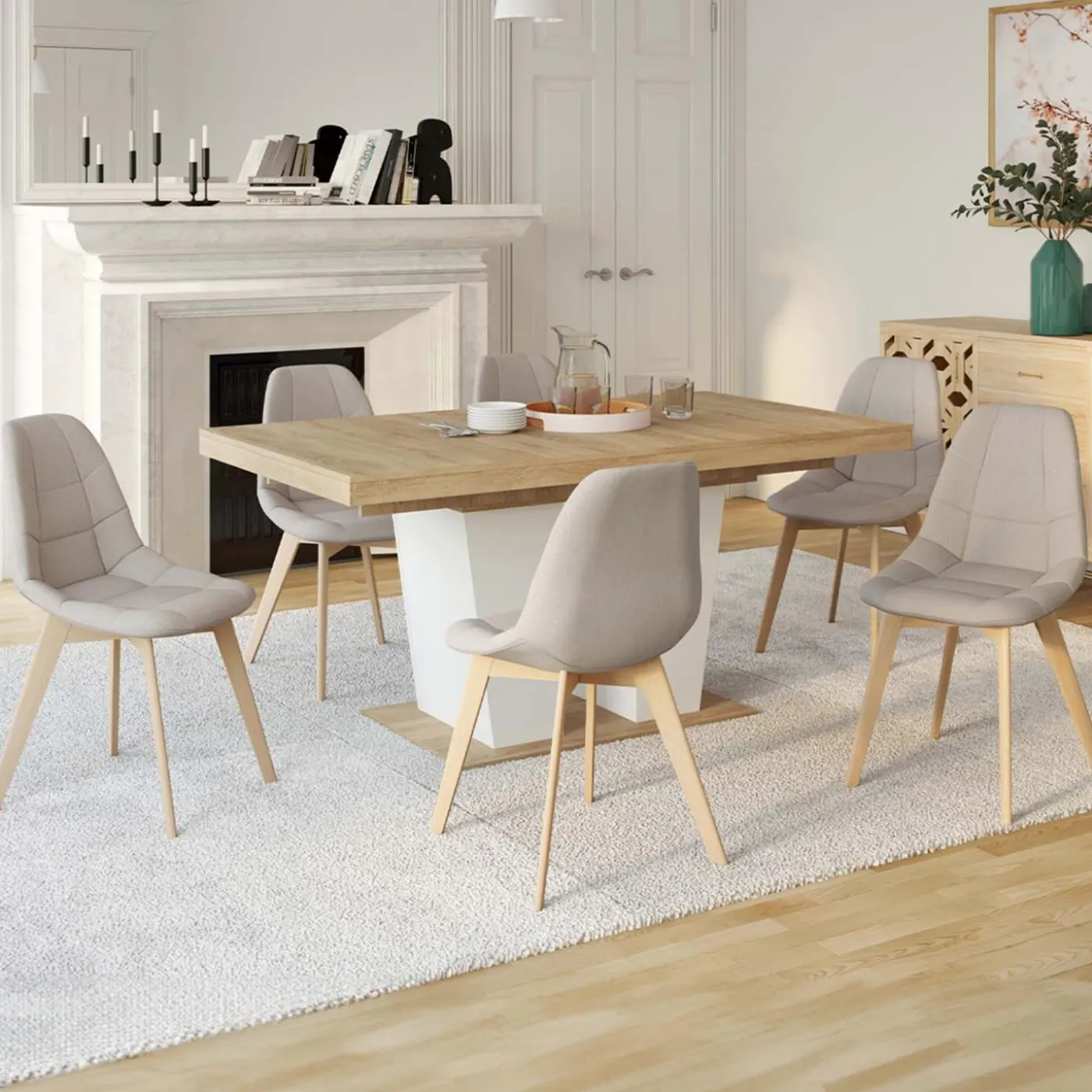 Lot de 6 chaises scandinaves en tissu beige pieds en bois