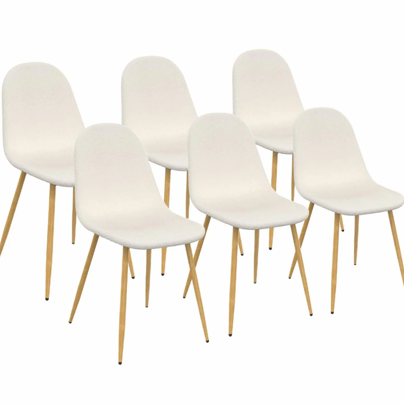 Lot de 6 chaises scandinaves en tissu blanc bouclette pieds en bois