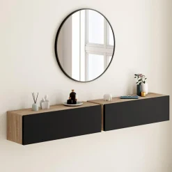 Lot de 2 consoles étagères suspendues couleur bois et porte noir