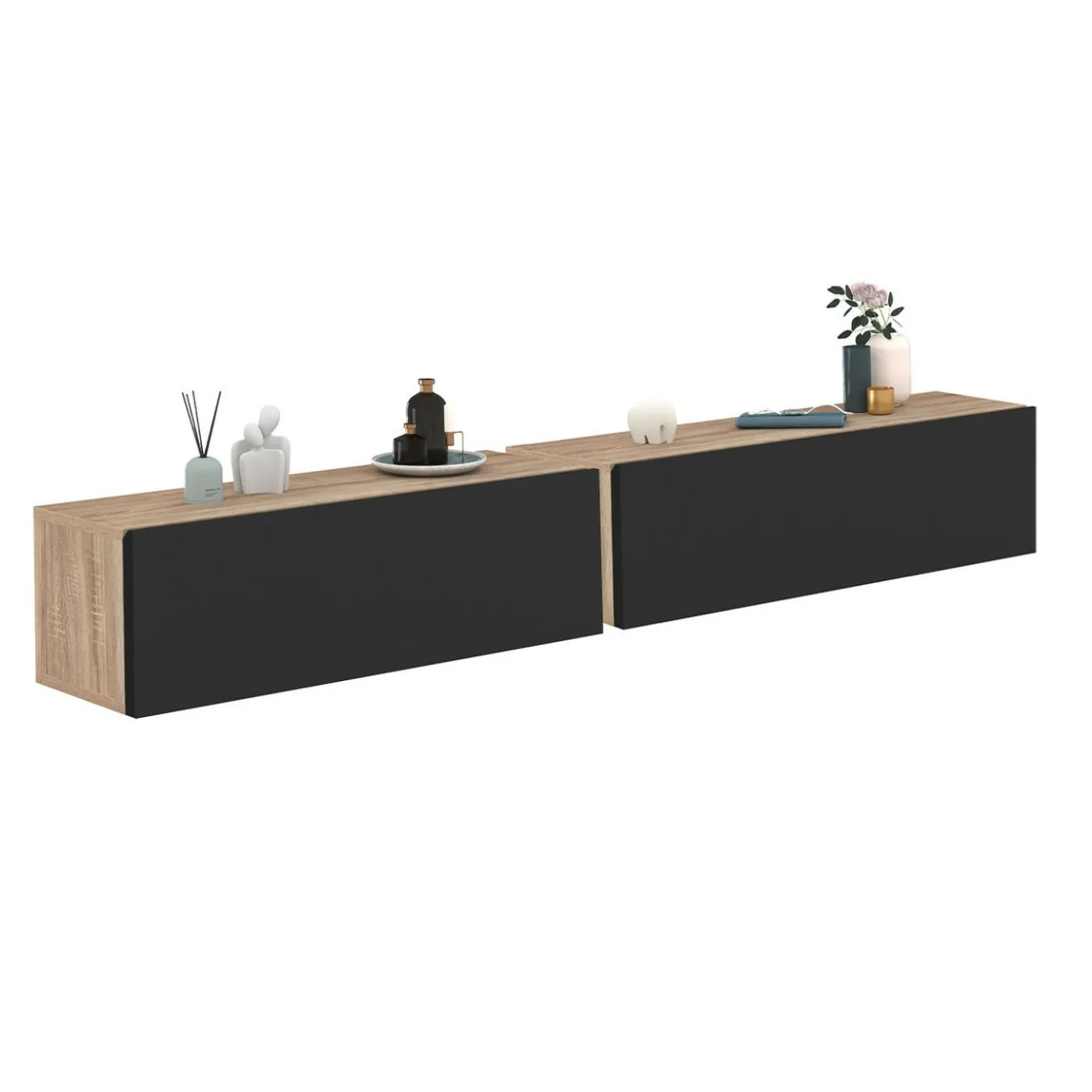 Lot de 2 consoles étagères suspendues couleur bois et porte noir