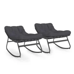 Lot de 2 fauteuils de jardin à bascule métal gris anthracite avec coussins