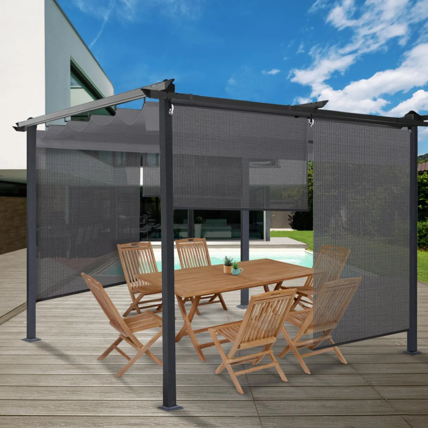 Lot de 2 stores enrouleurs tamisants L.124 x H. 225 CM pour pergola gris anthracite