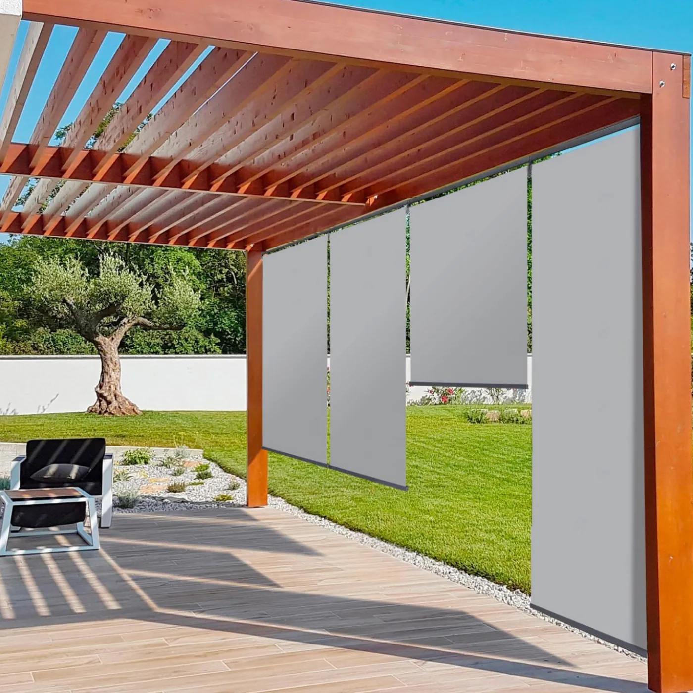 Lot de 3 stores enrouleurs gris clair pour pergola