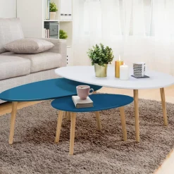 Lot de 3 tables basses de salon gigognes scandinaves laquées blanches et bleues