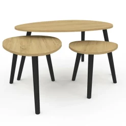 Lot de 3 tables basses gigognes bois et pieds noirs scandinave