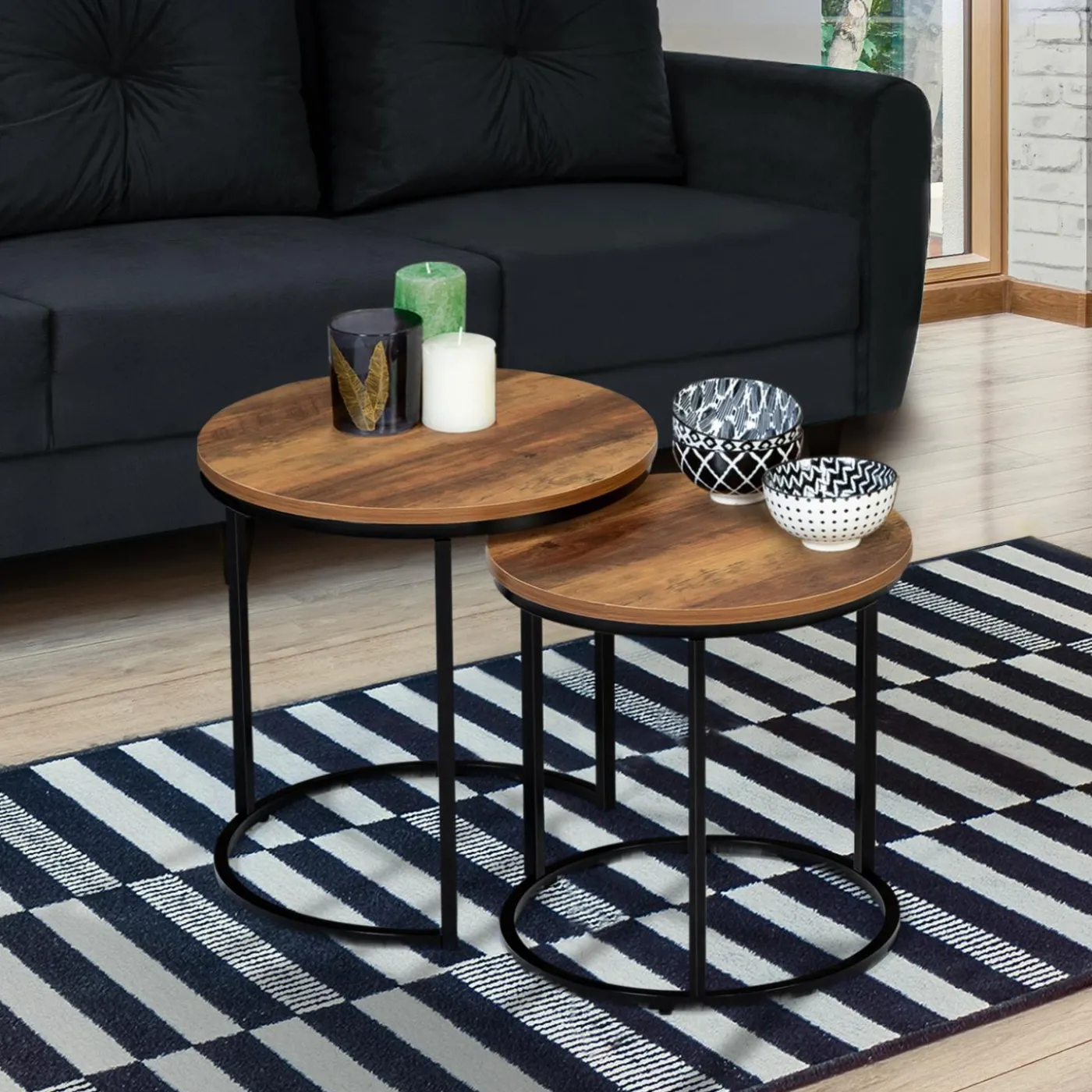 Lot de 2 tables basses gigognes rondes style industriel bois foncé