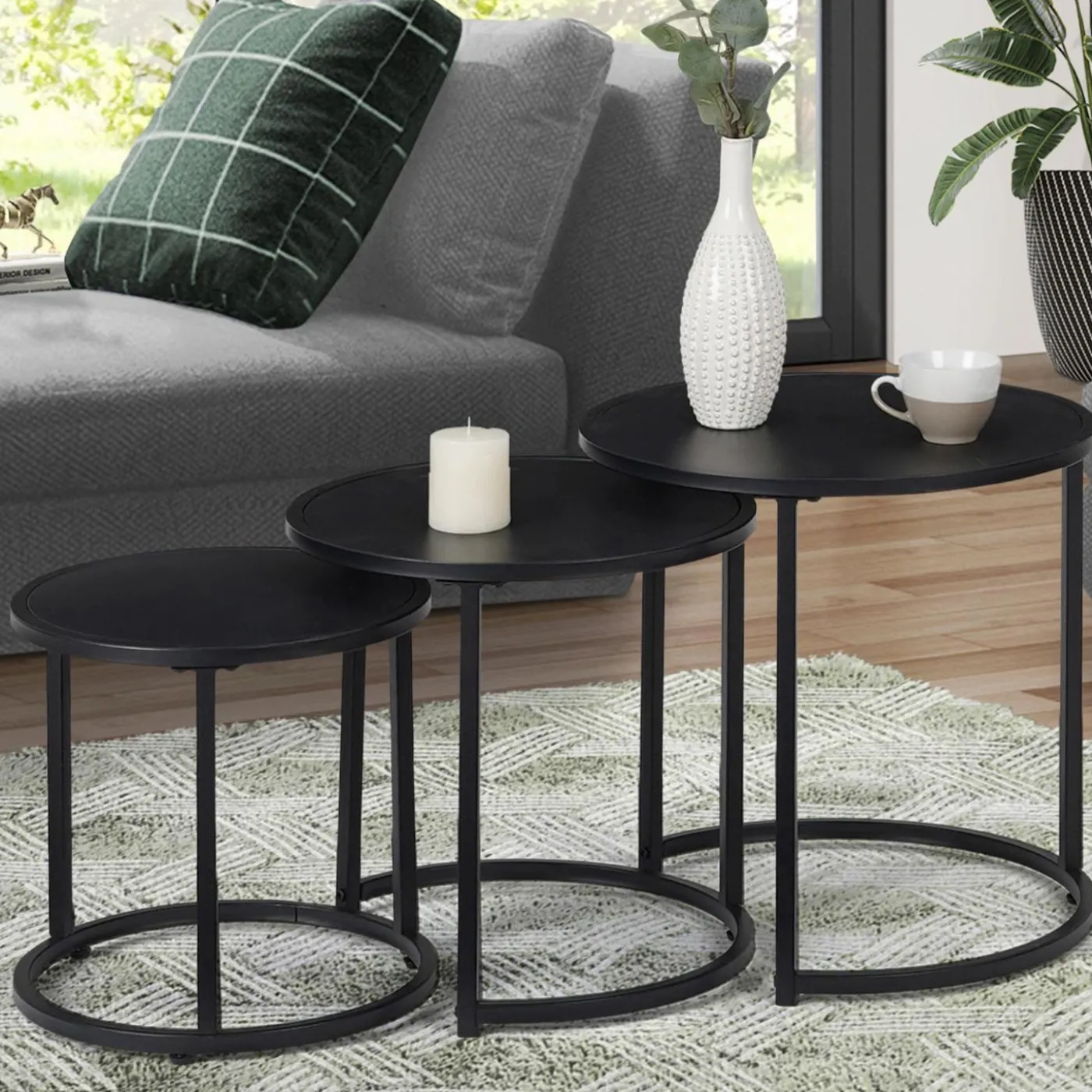 Lot de 3 tables basses gigognes rondes 35/40/45 style industriel en métal noir mat
