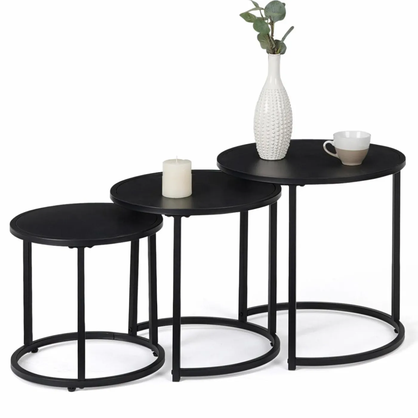 Lot de 3 tables basses gigognes rondes 35/40/45 style industriel en métal noir mat