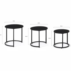 Lot de 3 tables basses gigognes rondes 35/40/45 style industriel en métal noir mat