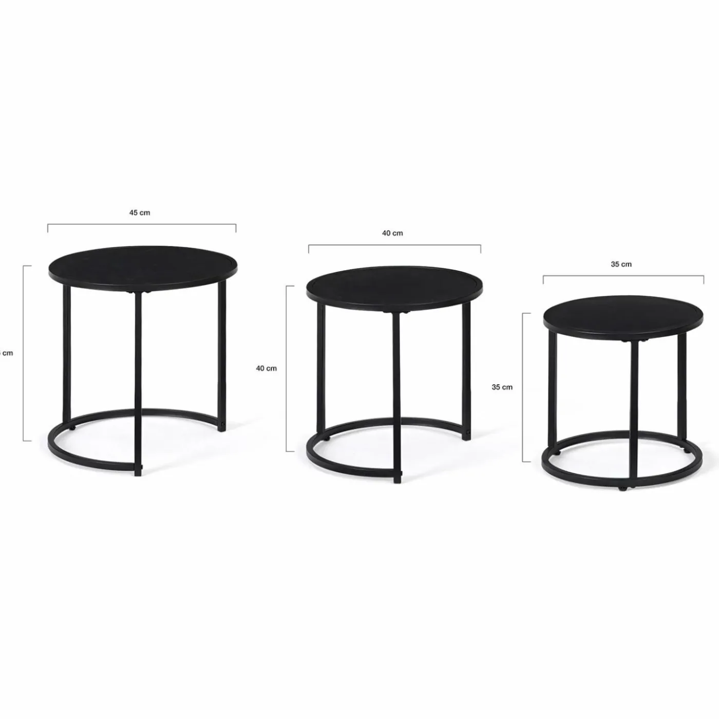 Lot de 3 tables basses gigognes rondes 35/40/45 style industriel en métal noir mat