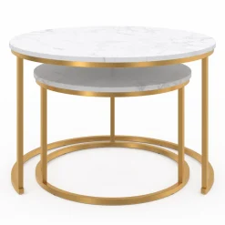Lot de 2 tables basses gigognes rondes effet marbre et doré