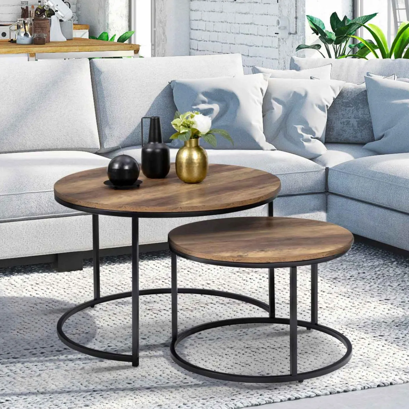 Lot de 2 tables basses gigognes rondes bois foncé et métal