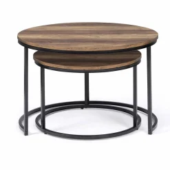 Lot de 2 tables basses gigognes rondes bois foncé et métal