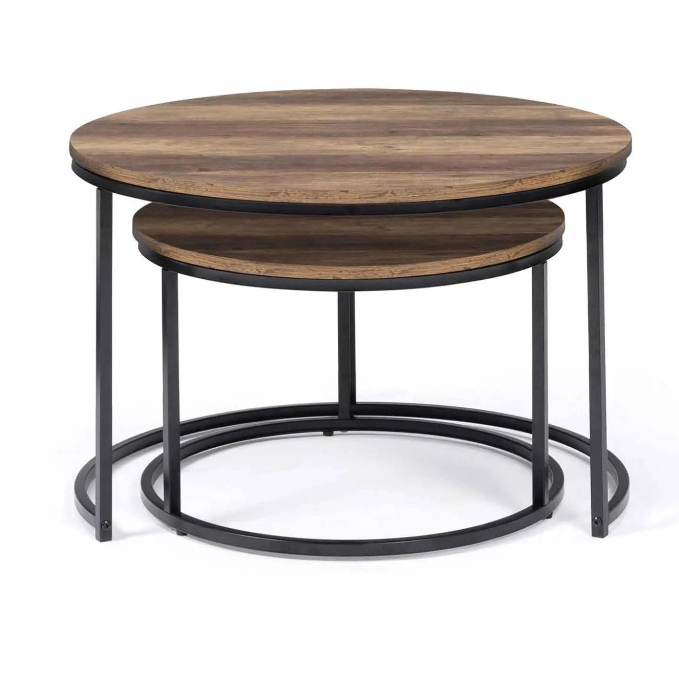 Lot de 2 tables basses gigognes rondes bois foncé et métal