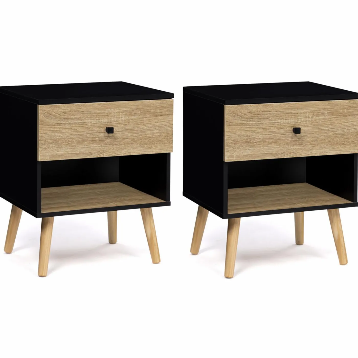 Lot de 2 tables de chevet scandinaves bois et noir 1 tiroir