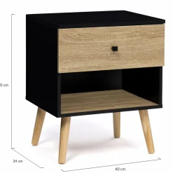 Lot de 2 tables de chevet scandinaves bois et noir 1 tiroir