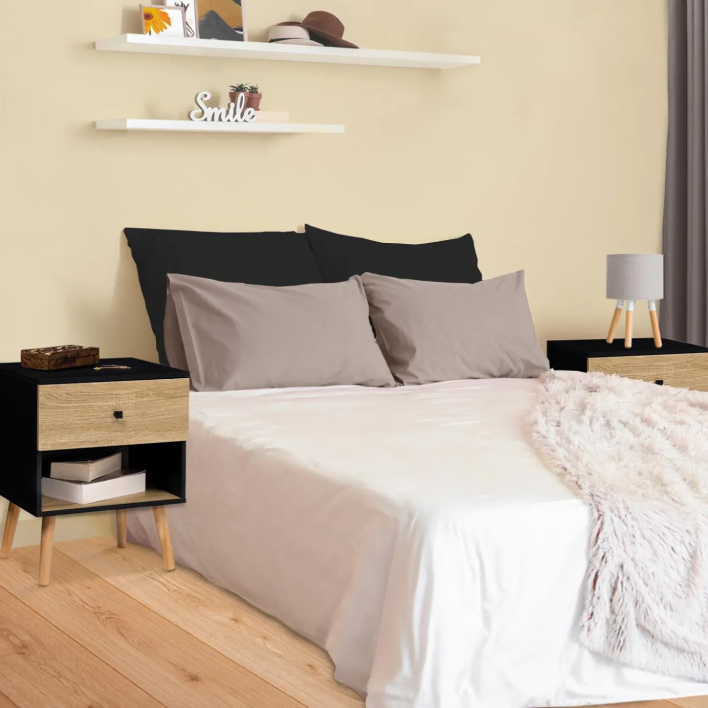 Lot de 2 tables de chevet scandinaves bois et noir 1 tiroir