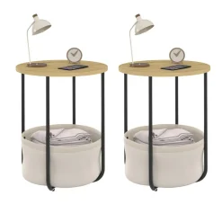 Lot de 2 tables de chevet, d'appoint, bout de canapé rondes avec panier en tissu