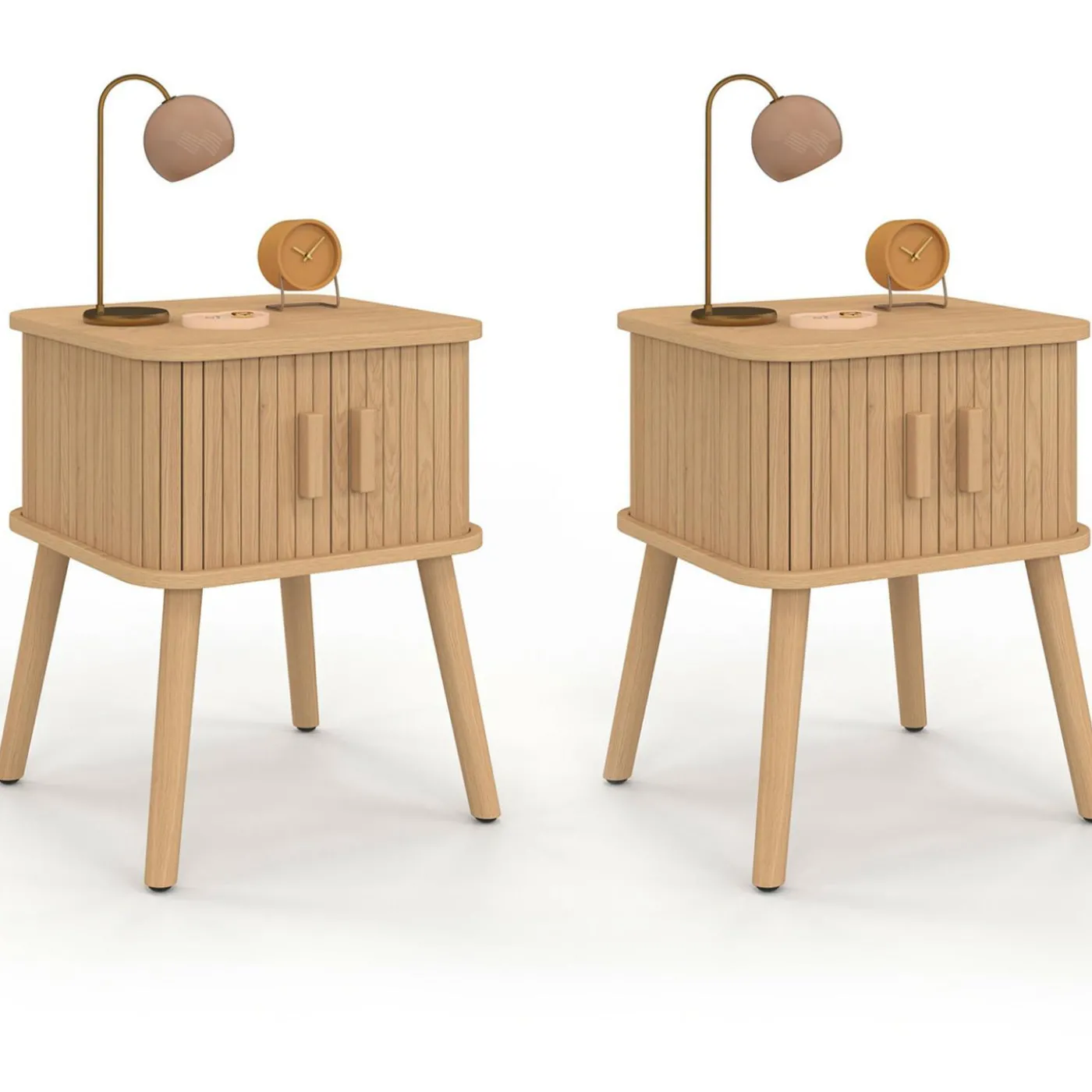 Lot de 2 tables de chevet 2 portes coulissantes lattes tasseaux bois coloris chêne