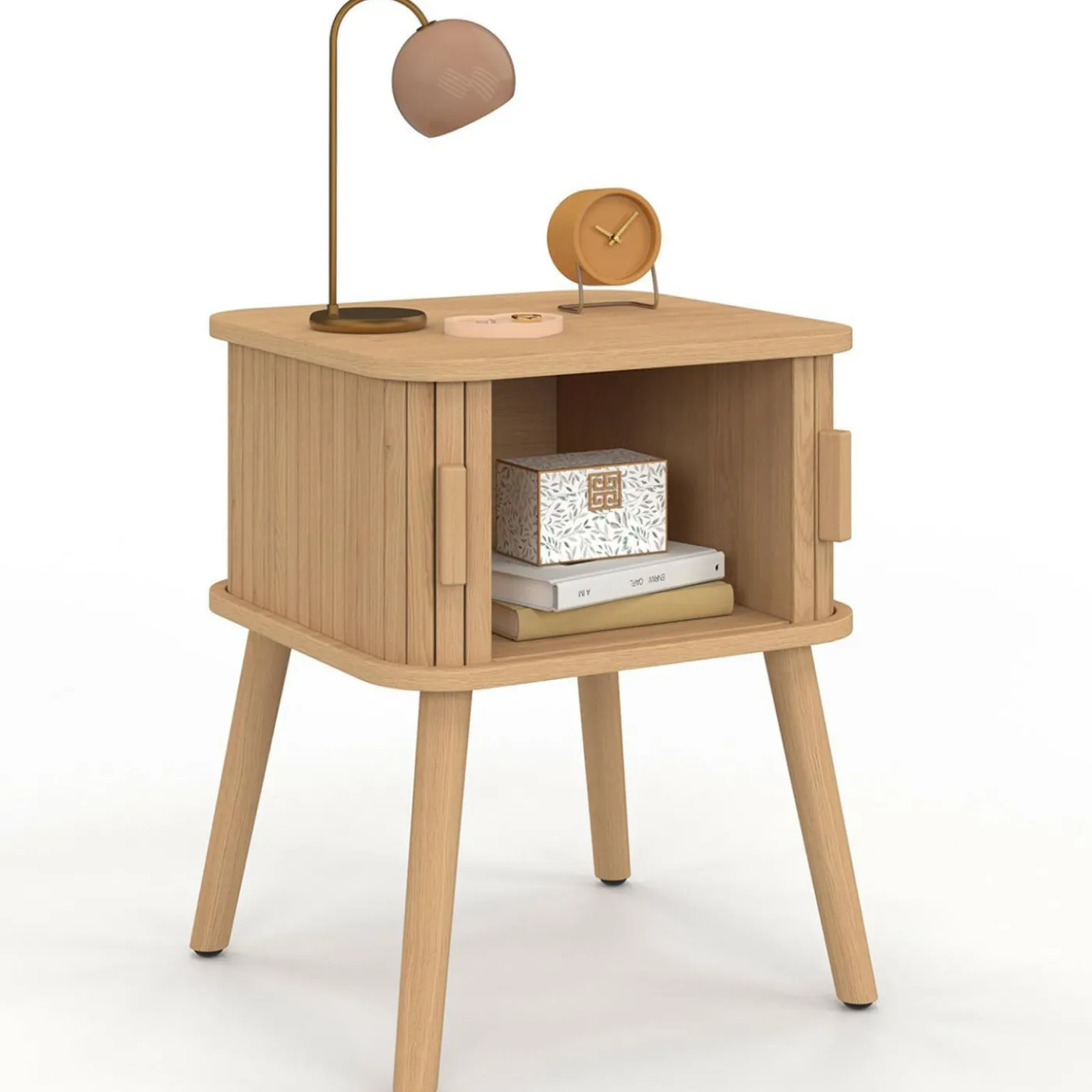 Lot de 2 tables de chevet 2 portes coulissantes lattes tasseaux bois coloris chêne