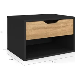 Lot de 2 tables de chevet suspendues 1 tiroir avec niche en bois façon hêtre et noir