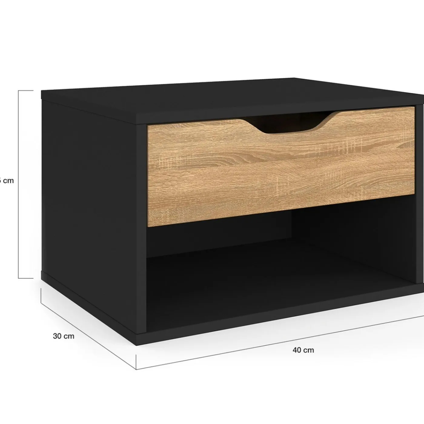 Lot de 2 tables de chevet suspendues 1 tiroir avec niche en bois façon hêtre et noir
