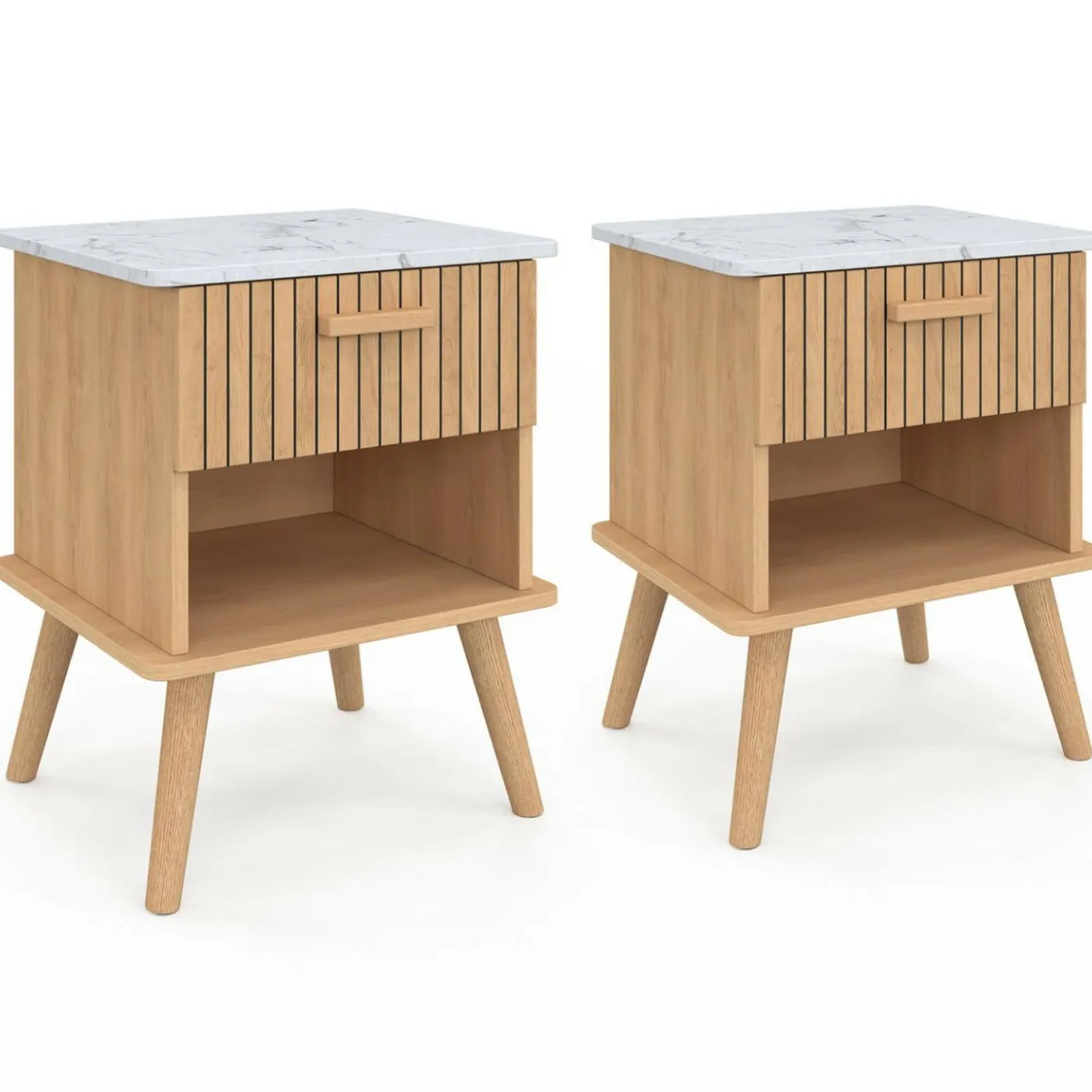 Lot de 2 tables de chevet JULIETTE plateau effet marbre 1 tiroir avec niche lattes tasseau bois